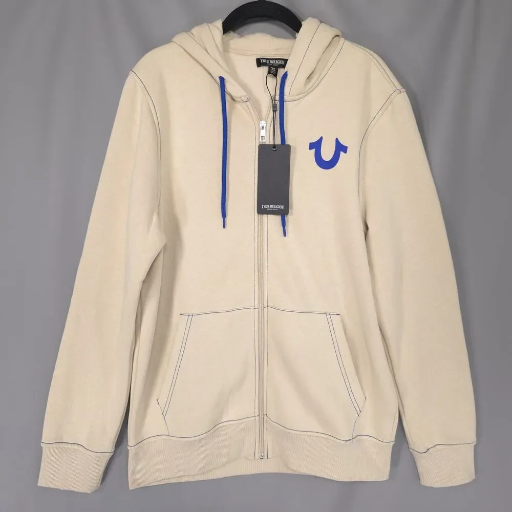 TRUE RELIGION Men's New MEDIUM Full Zip Hoodie Fog Beige Buddha Guitar 701400
